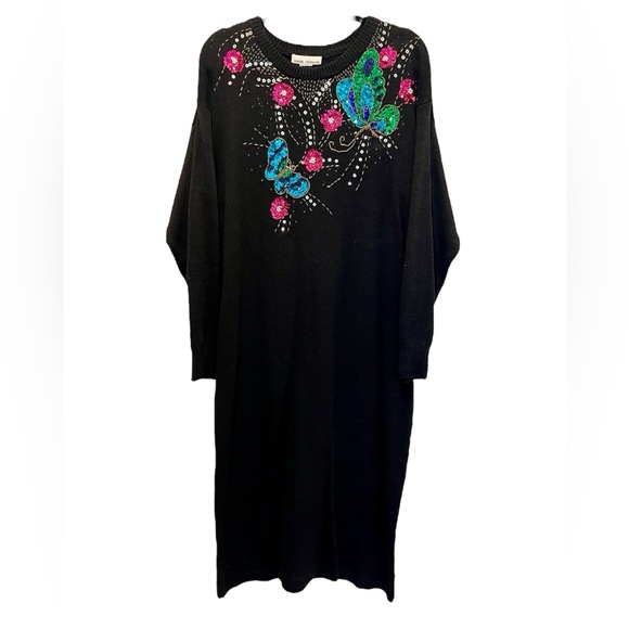 Vintage 80s Black Knit Sweater Dress Vibrant Sequin Butterflies Flowers Size 16 - Picture 1 of 6